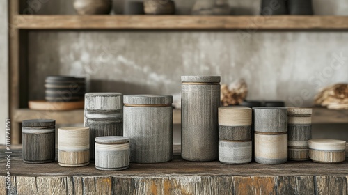 Collection of Stylish Wooden Containers in Various Sizes and Textures on Rustic Surface Against Neutral Background for Minimalist Home Decor and Storage Solutions