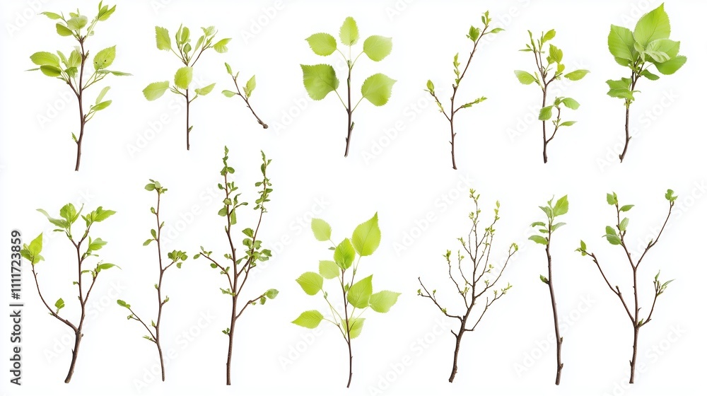 Collection of various green plant branches showcasing spring growth and fresh leaves Collection of various green plant branches showcasing spring growth and fresh leaves