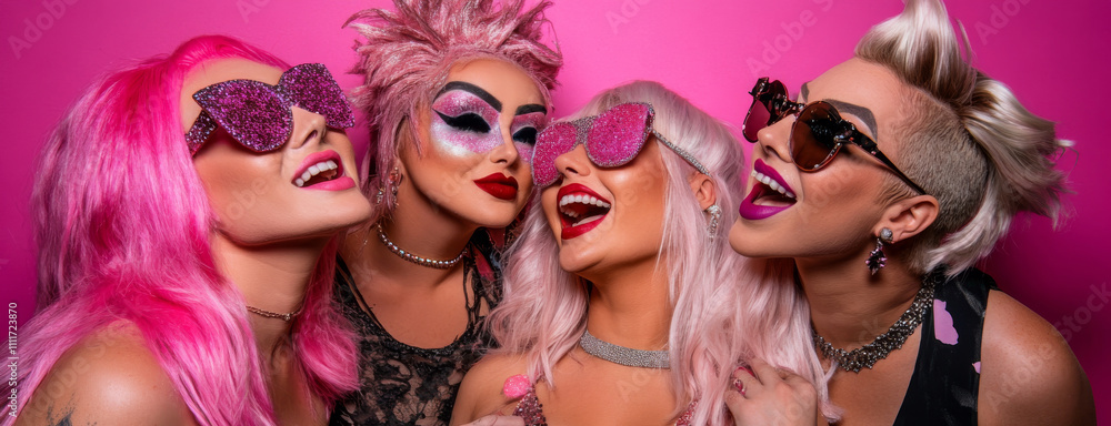 Obraz premium Stylish Women in Pink with Glamorous Accessories at a Party