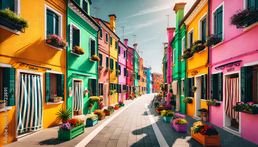 Fototapeta premium カラフルな家が並ぶイタリア・ブラーノの街並み