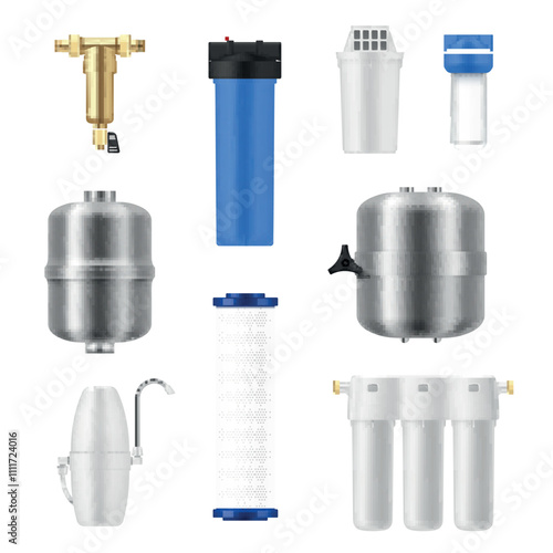 Water filters kit equipment for processes modern technology purification set realistic vector