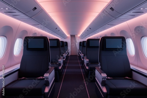 Airline amenities comfort and premium A modern airplane interior showcasing rows of sleek black seats, ambient pink lighting, and large windows, creating a stylish and comfortable atmosphere. photo