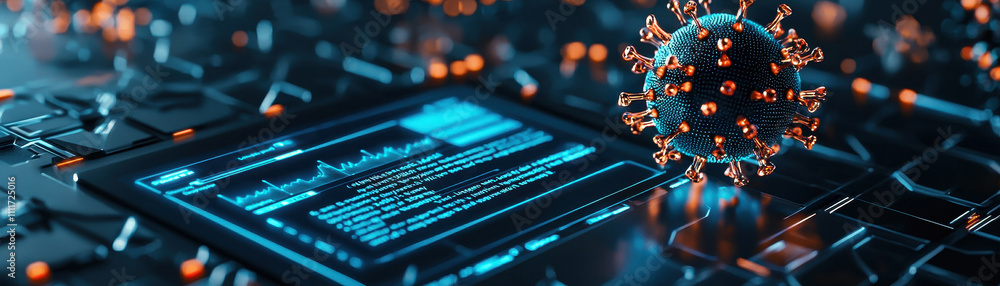 glowing malware report displayed on futuristic interface with virus model. scene combines technology and health, showcasing digital security and data analysis glowing malware report displayed on futuristic interface with virus model. scene combines technology and health, showcasing digital security and data analysis