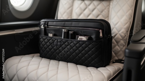 Airline amenities comfort and premium A stylish black quilted bag rests on a luxurious airplane seat, showcasing elegance and functionality for travelers. photo