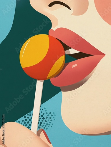 Pop Art Closeup of Vibrant Lips with Lollipop Colorful Background Artistic Style Playful Concept photo