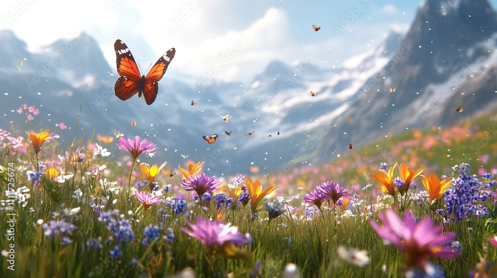 A vibrant meadow filled with colorful flowers and butterflies against a mountainous backdrop. A vibrant meadow filled with colorful flowers and butterflies against a mountainous backdrop.