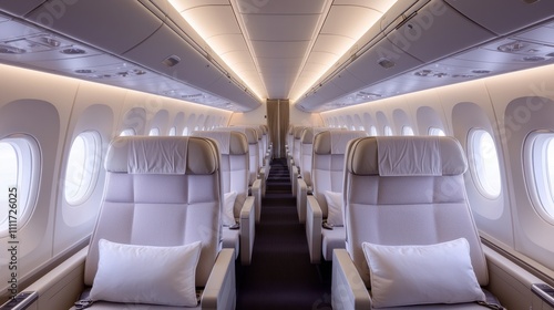 Airline amenities comfort and premium A modern airplane interior featuring spacious  comfortable seating with soft lighting and large windows  creating a relaxing travel atmosphere.