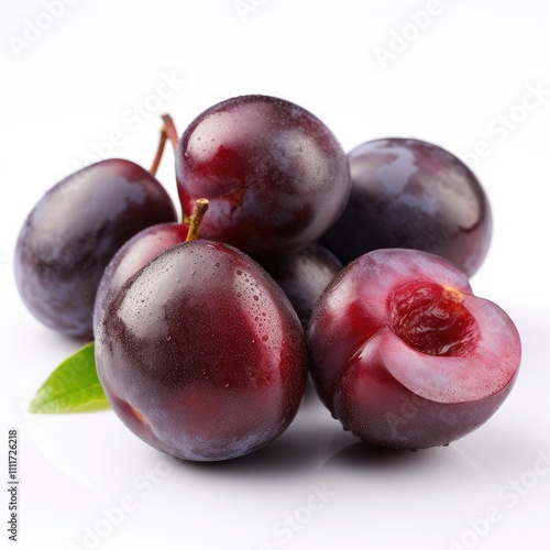 Ripe plums with a cut plum showing the inside.