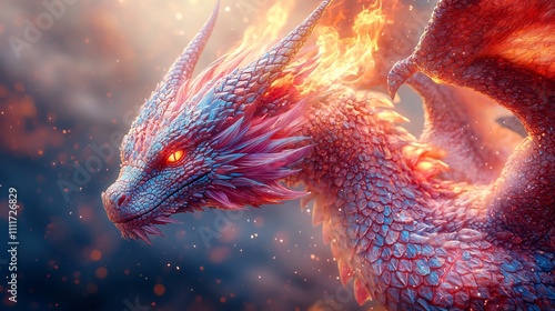 Colorful fire eyed dragon in mid flight breathing fire for Chinese new year  with vivid scales against a bright sky  photo