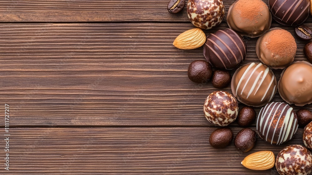Assorted chocolate truffles and nuts on a rustic wooden background Assorted chocolate truffles and nuts on a rustic wooden background