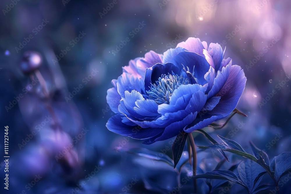 Φωτογραφία A large, blue-purple peony flower blooms, with delicate petals against a garden background
