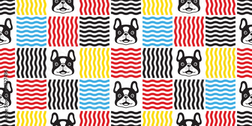 dog seamless pattern french bulldog smile face head wave checked vector cartoon puppy pet doodle gift wrapping paper tile background repeat wallpaper illustration scarf isolated design