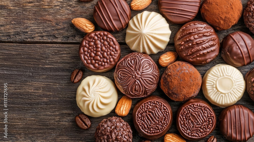 Assorted chocolate candies with various textures on a wooden background. Assorted chocolate candies with various textures on a wooden background.