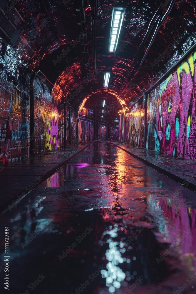 A long, dimly lit tunnel with graffiti-covered walls, a wet floor, and reflections of colorful lights and artwork A long, dimly lit tunnel with graffiti-covered walls, a wet floor, and reflections of colorful lights and artwork