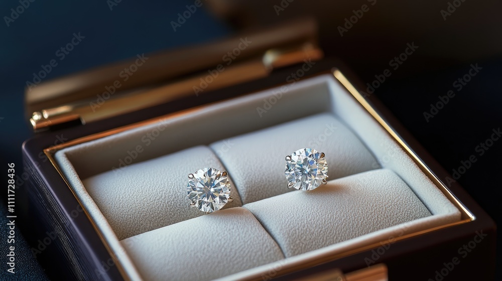 Elegant diamond stud earrings displayed in luxurious jewelry box Elegant diamond stud earrings displayed in luxurious jewelry box