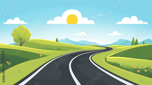 A fun flat cartoon illustration of a winding road through a scenic countryside with bright colors and simple shapes 
