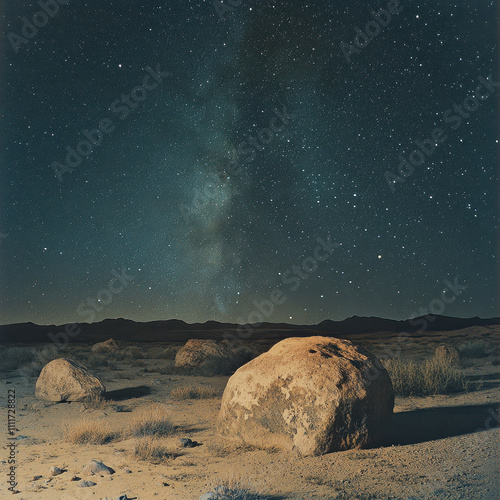 Desert under a new moon, the night sky aglow with the Milky Way, scattered boulders casting faint shadows