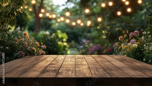 Wooden Table in a Garden with String Lights and Flowers at Dusk: Relaxing Summer Evening Ambiance, Perfect for Outdoor Gatherings