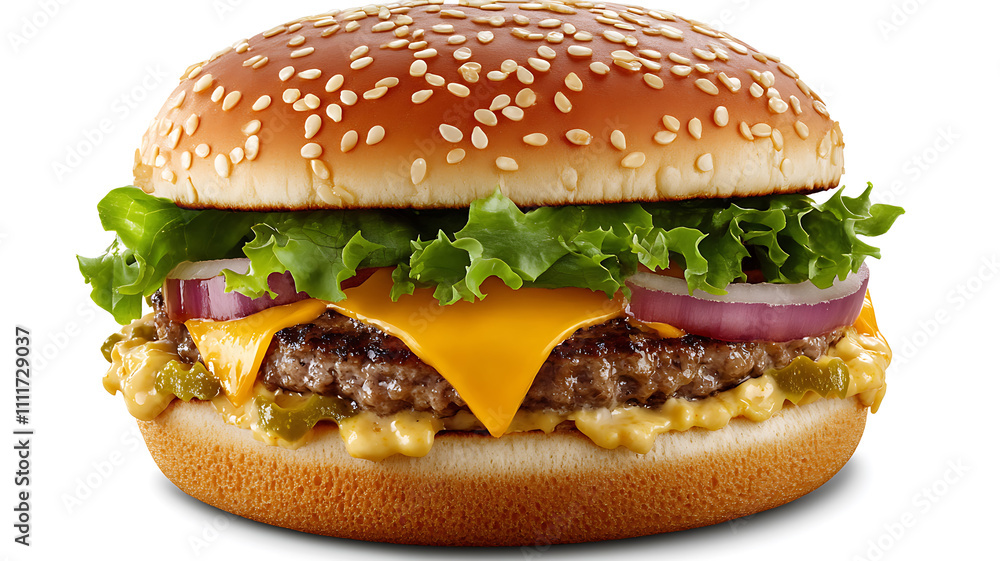 A freshly made classic cheeseburger featuring a juicy beef patty, melted cheese, lettuce, tomato, and pickles, served on a golden toasted bun.
A freshly made classic cheeseburger featuring a juicy beef patty, melted cheese, lettuce, tomato, and pickles, served on a golden toasted bun.
