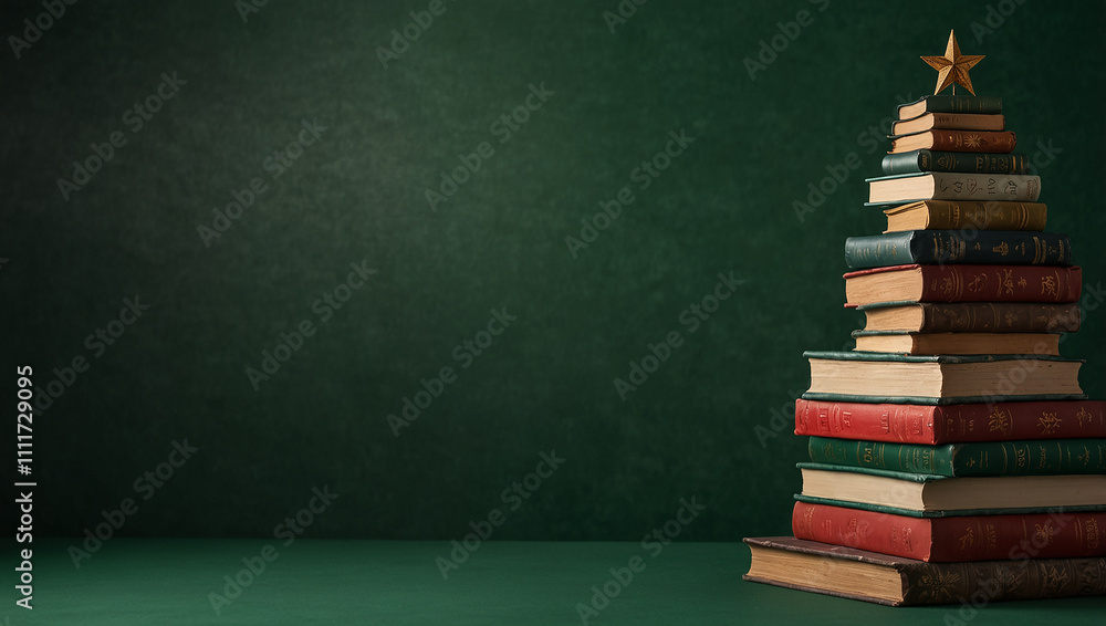 Two Christmas trees made of stacked books, with small red ornaments. Two Christmas trees made of stacked books, with small red ornaments.