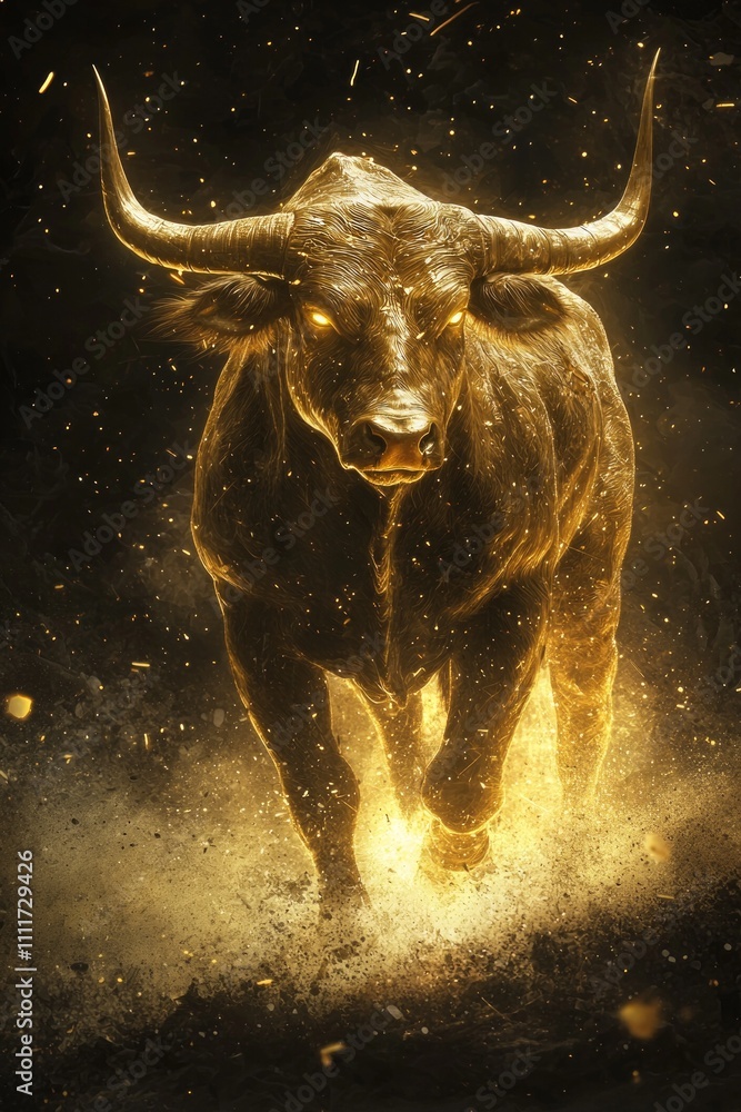 A majestic golden Taurus, glowing with an ethereal light in the dark sky A majestic golden Taurus, glowing with an ethereal light in the dark sky