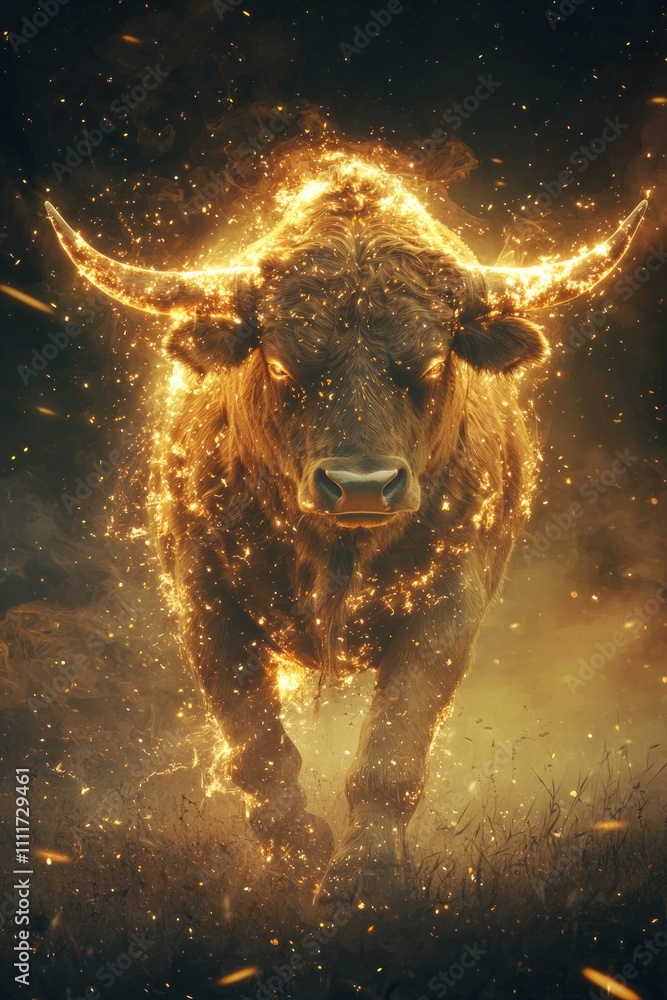 Fototapeta premium A majestic golden Taurus, glowing with an ethereal light in the dark sky