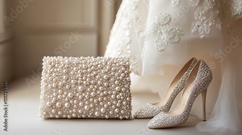 Elegant bridal accessories with pearl details and lace dress