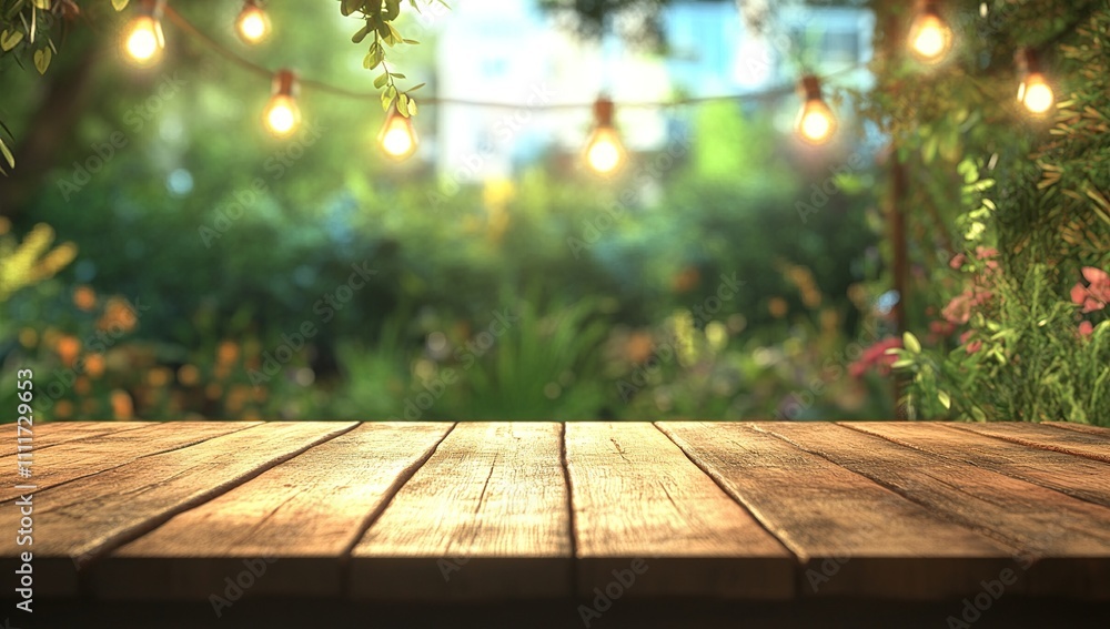 Wooden Table Background: Tranquil Garden Setting with String Lights, Ideal for Relaxing Summer Evenings, Perfect for Outdoor Dining and Festive Gatherings. Wooden Table Background: Tranquil Garden Setting with String Lights, Ideal for Relaxing Summer Evenings, Perfect for Outdoor Dining and Festive Gatherings.