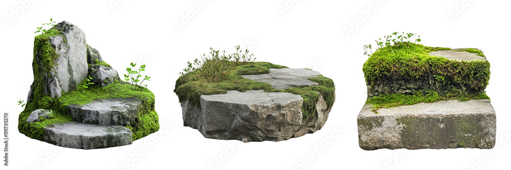 Collection of Nature stone podium covered with on Transparent  PNG format Background. Generative AI 