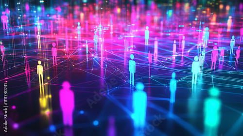 Abstract colorful human figures connected by lines, representing social media networks, digital interactions, communication, and online community connections.
