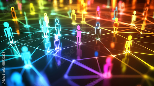 Abstract colorful human figures connected by lines, representing social media networks, digital interactions, communication, and online community connections.
