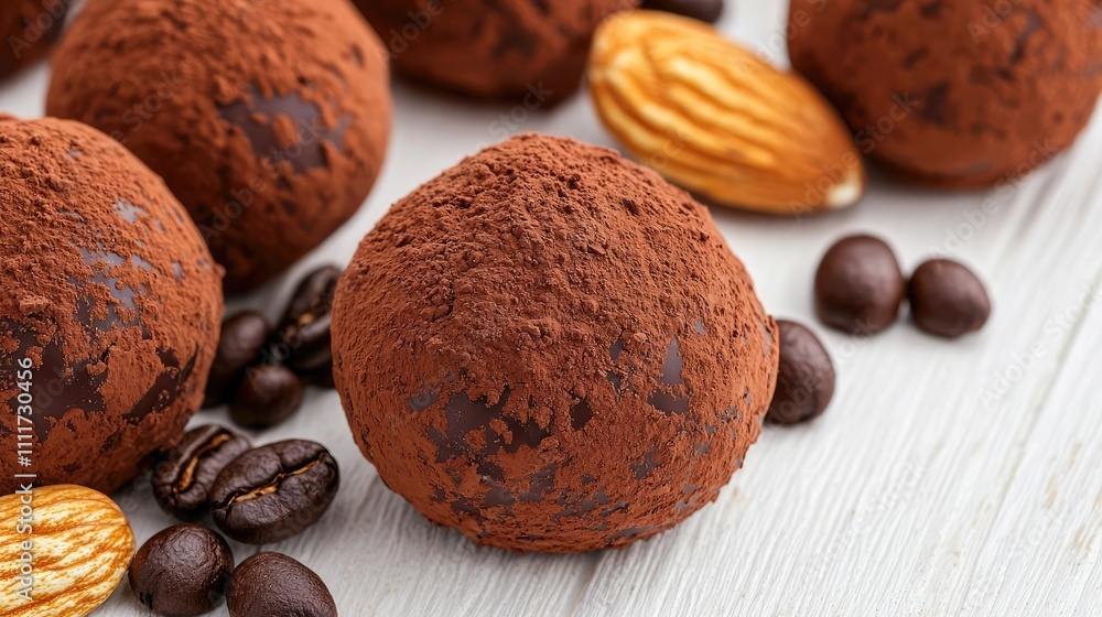 Chocolate truffles with coffee beans and almonds on a white wooden background. Chocolate truffles with coffee beans and almonds on a white wooden background.