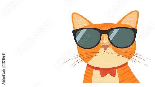 Flat style illustration of hipstesr cat, isolated on white background. Copy space