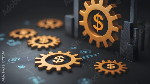 A digital illustration featuring golden gears with dollar signs, symbolizing finance, industry, and innovation in a modern technological context. photo