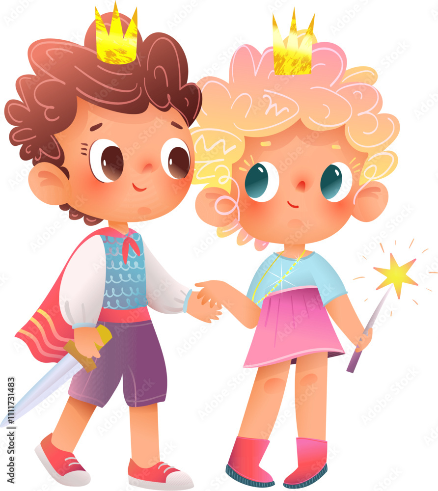 Cute little girl princess and prince boy, children dressed in costumes holding hands. Happy kids playing fairy tale, isolated cartoon characters. Vector magical characters illustration for children Cute little girl princess and prince boy, children dressed in costumes holding hands. Happy kids playing fairy tale, isolated cartoon characters. Vector magical characters illustration for children