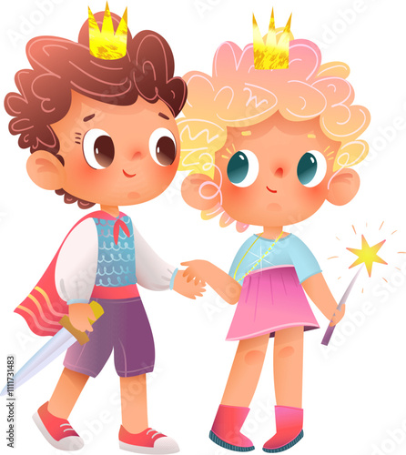 Cute little girl princess and prince boy, children dressed in costumes holding hands. Happy kids playing fairy tale, isolated cartoon characters. Vector magical characters illustration for children