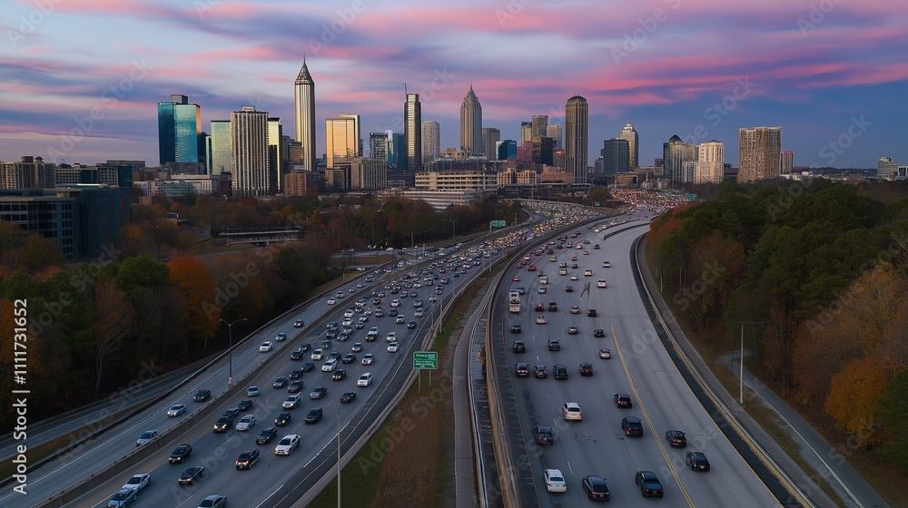Fototapeta premium Heavy traffic on highway during rush hour, vehicles moving slowly in a long line, urban congestion and daily commute challenges.