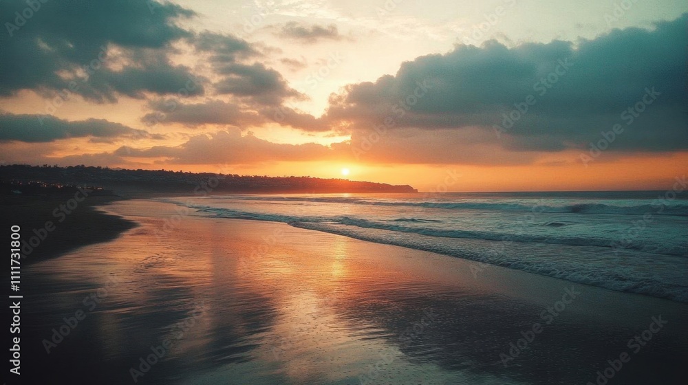 Serene sunset over a beach with gentle waves and reflective sand. Serene sunset over a beach with gentle waves and reflective sand.