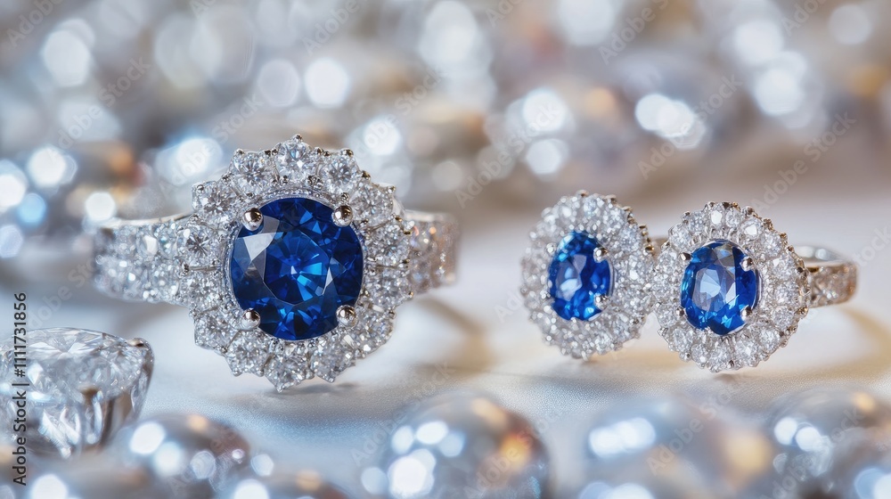 Elegant Sapphire Ring and Earrings Displayed on Sparkling Surface Elegant Sapphire Ring and Earrings Displayed on Sparkling Surface