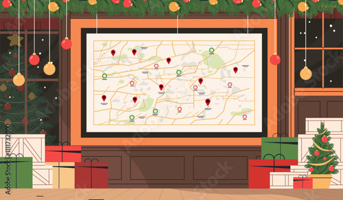 Christmas-themed room with map festive decorations. A large map with location pins hangs on the wall surrounded by gift boxes a decorated tree and garlands