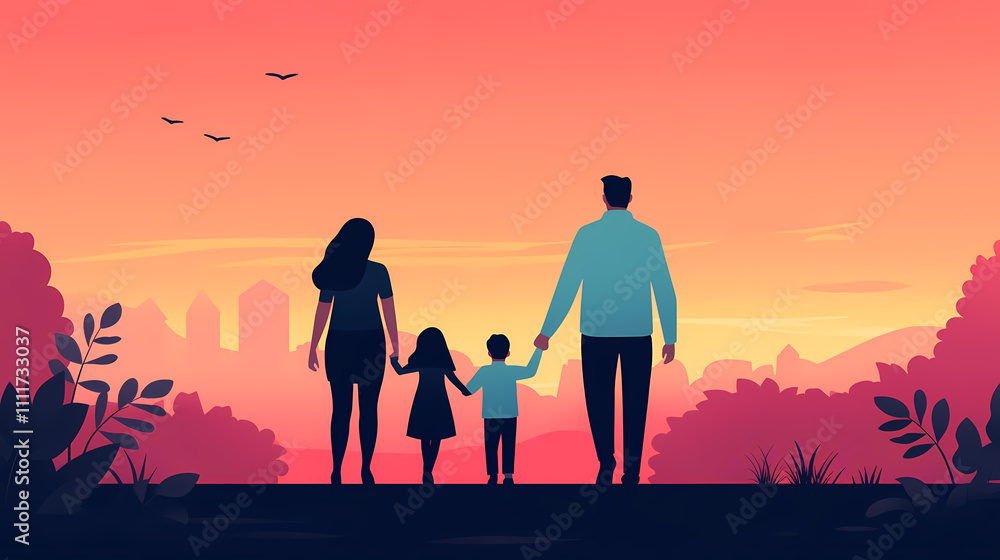 Fototapeta premium Cheerful family walking together in park during sunset, enjoying quality time and creating memories. vibrant colors of sky enhance joyful atmosphere