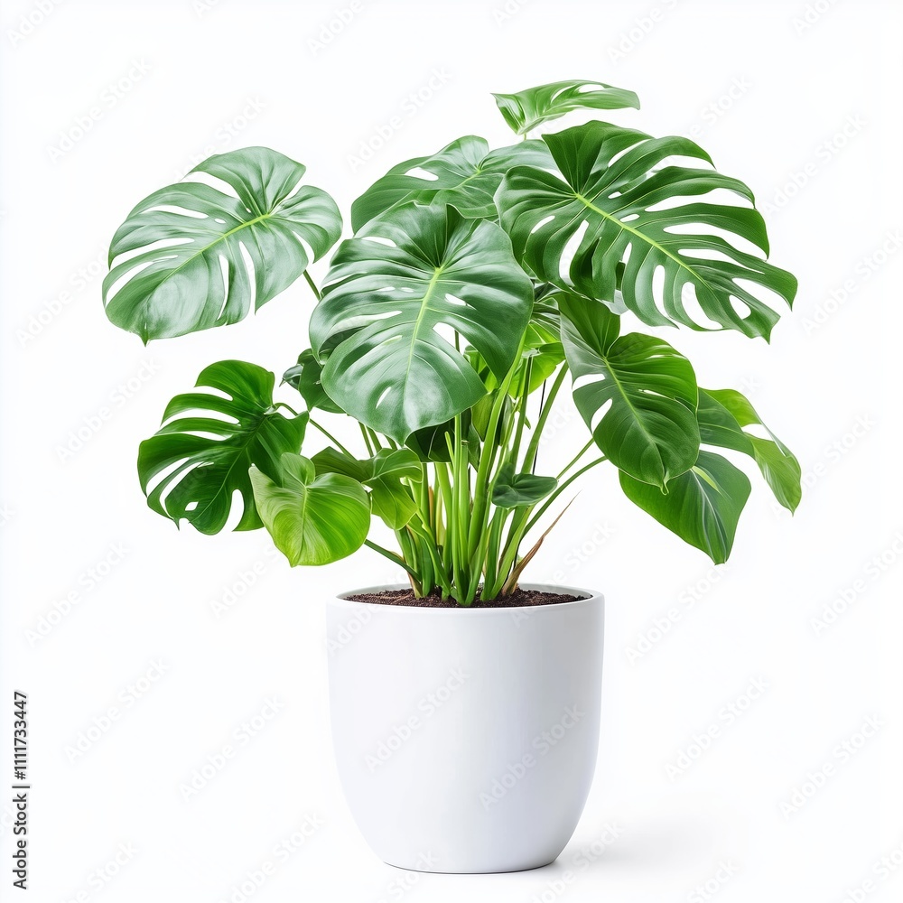 Monstera plant in a modern white pot with lush green leaves showcased indoors Monstera plant in a modern white pot with lush green leaves showcased indoors