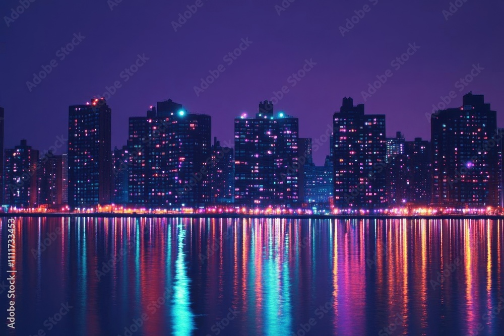 Obraz premium A vibrant city skyline at night reflecting on water.