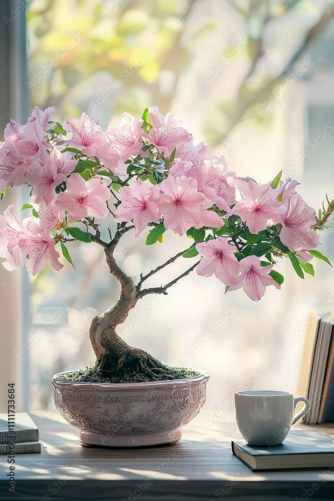 A pink bonsai tree with large pink flowers sits in an elegant ceramic pot on the table of a home office. A pink bonsai tree with large pink flowers sits in an elegant ceramic pot on the table of a home office.