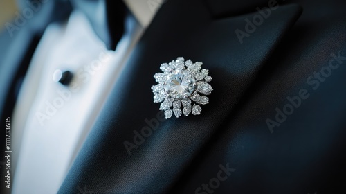 Elegant Brooch on Tuxedo Jacket Lapel with Sparkling Gems photo