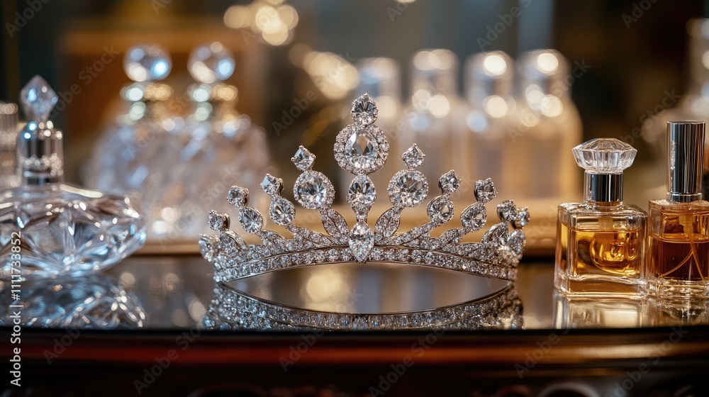 Elegant Crown and Perfume Bottles on a Reflective Surface Elegant Crown and Perfume Bottles on a Reflective Surface