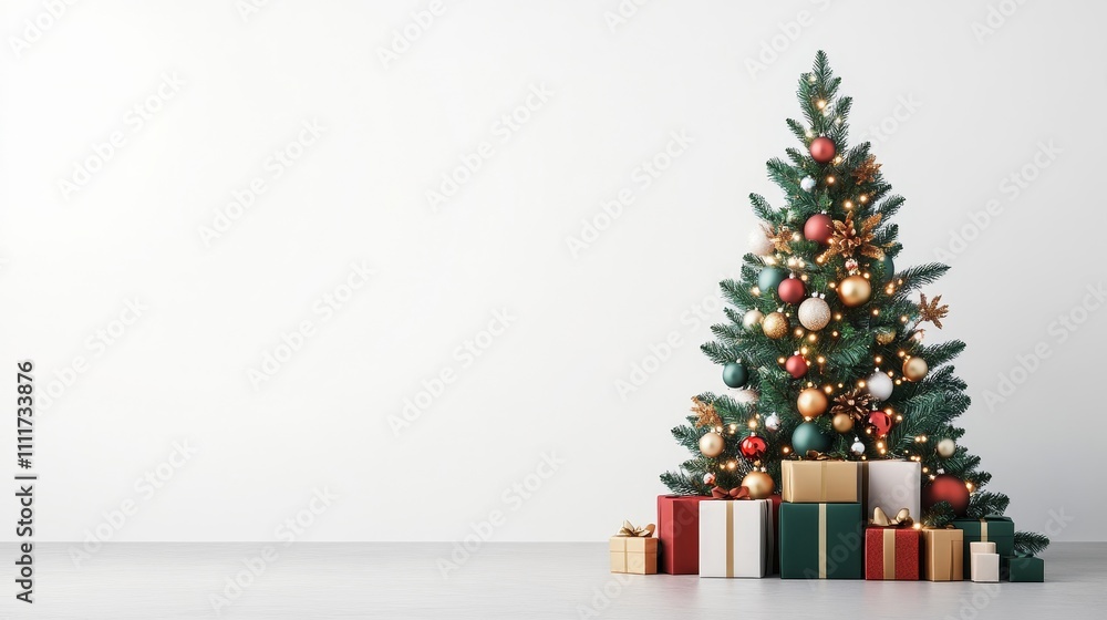A Christmas tree with many ornaments sits in front of a white wall A Christmas tree with many ornaments sits in front of a white wall