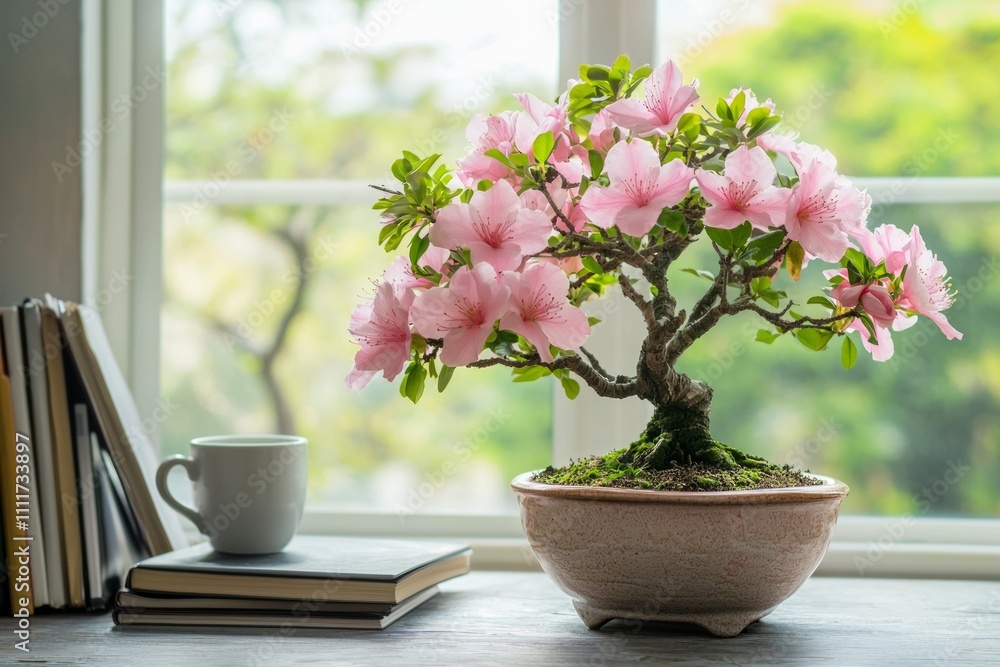 A pink bonsai tree with large pink flowers sits in an elegant ceramic pot on the table of a home office. A pink bonsai tree with large pink flowers sits in an elegant ceramic pot on the table of a home office.