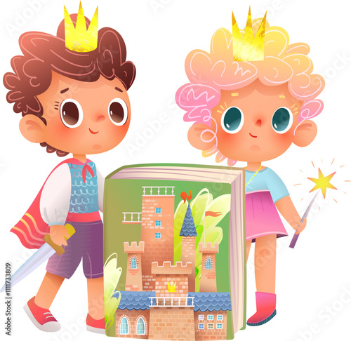 Cute little girl princess and prince boy with fairy tale book. Happy children read story and play prince and princess, cartoon for kids. Vector magical characters illustration for children story.