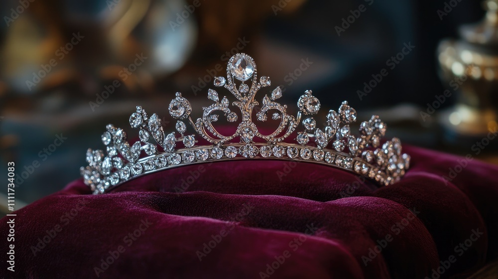 Elegant silver tiara resting on plush velvet background Elegant silver tiara resting on plush velvet background